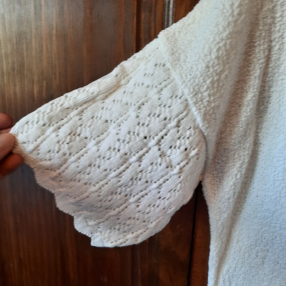 Vintage White Crochet Peter Pan Collar Cottagecore Pointelle Knit Polo Sweater